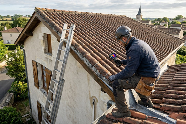 Recherche de fuite non destructive sur un toit en tuiles à l'aide d'une caméra thermique infrarouge