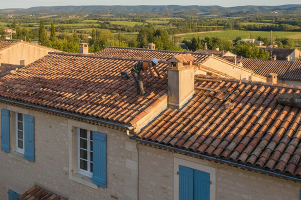 Artisan couvreur réalisant des travaux de réfection et réparation complète de tuiles sur une toiture à Soyaux
